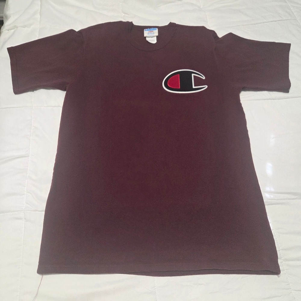 Vintage Champion Mens Big C Logo Patch T-Shirt Burgundy Cotton Crew Neck Large - Picture 3 of 8